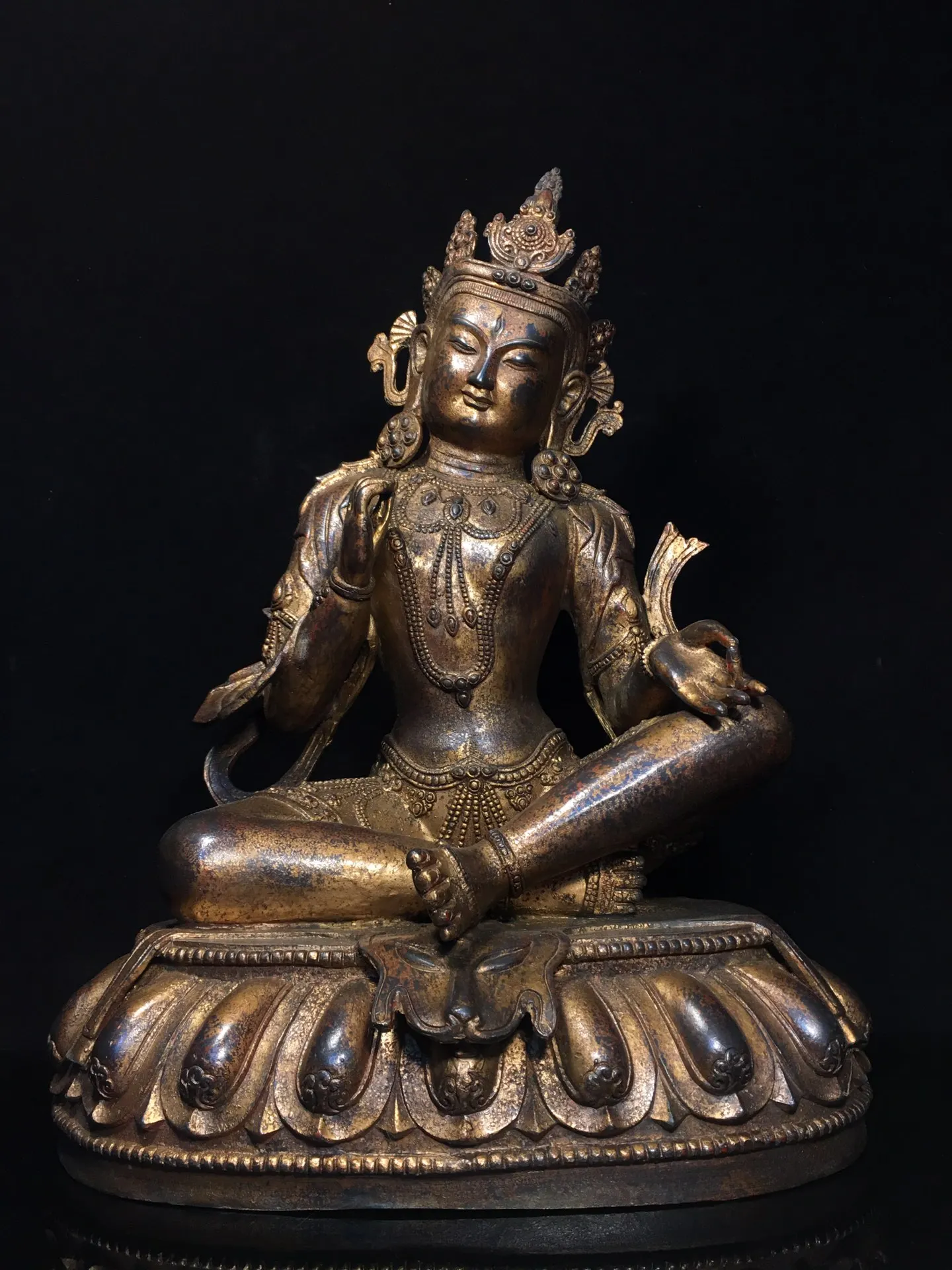 

18"Tibetan Temple Collection Old Bronze Cinnabar Mud gold Free Tara Lotus Terrace Sitting Buddha Worship Hall Town house