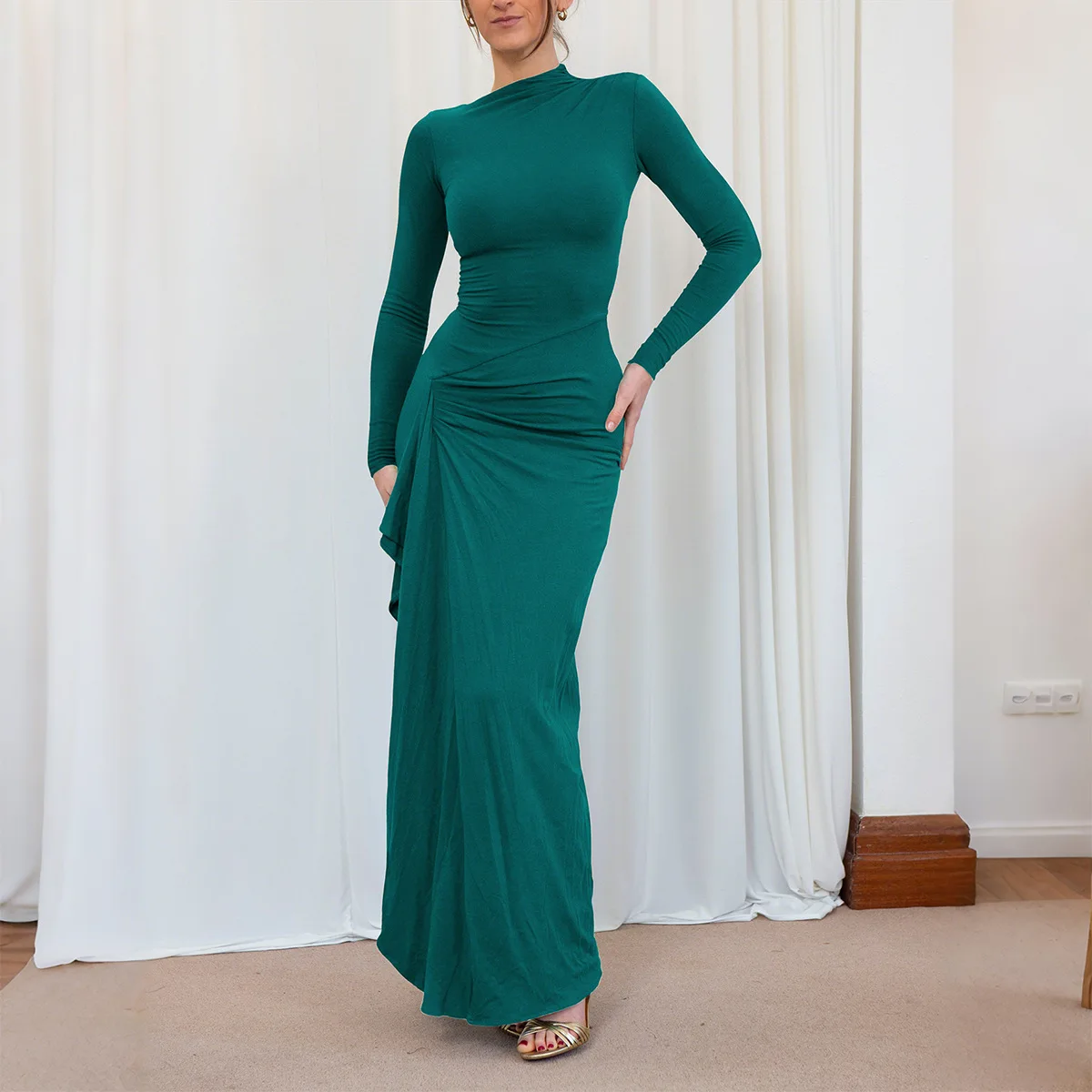 Abito elegante da donna Autunno Tinta unita Nuovo abito slim a maniche lunghe Moda Cintura casual Cintura elastica in vita Gonna abito da donna 1