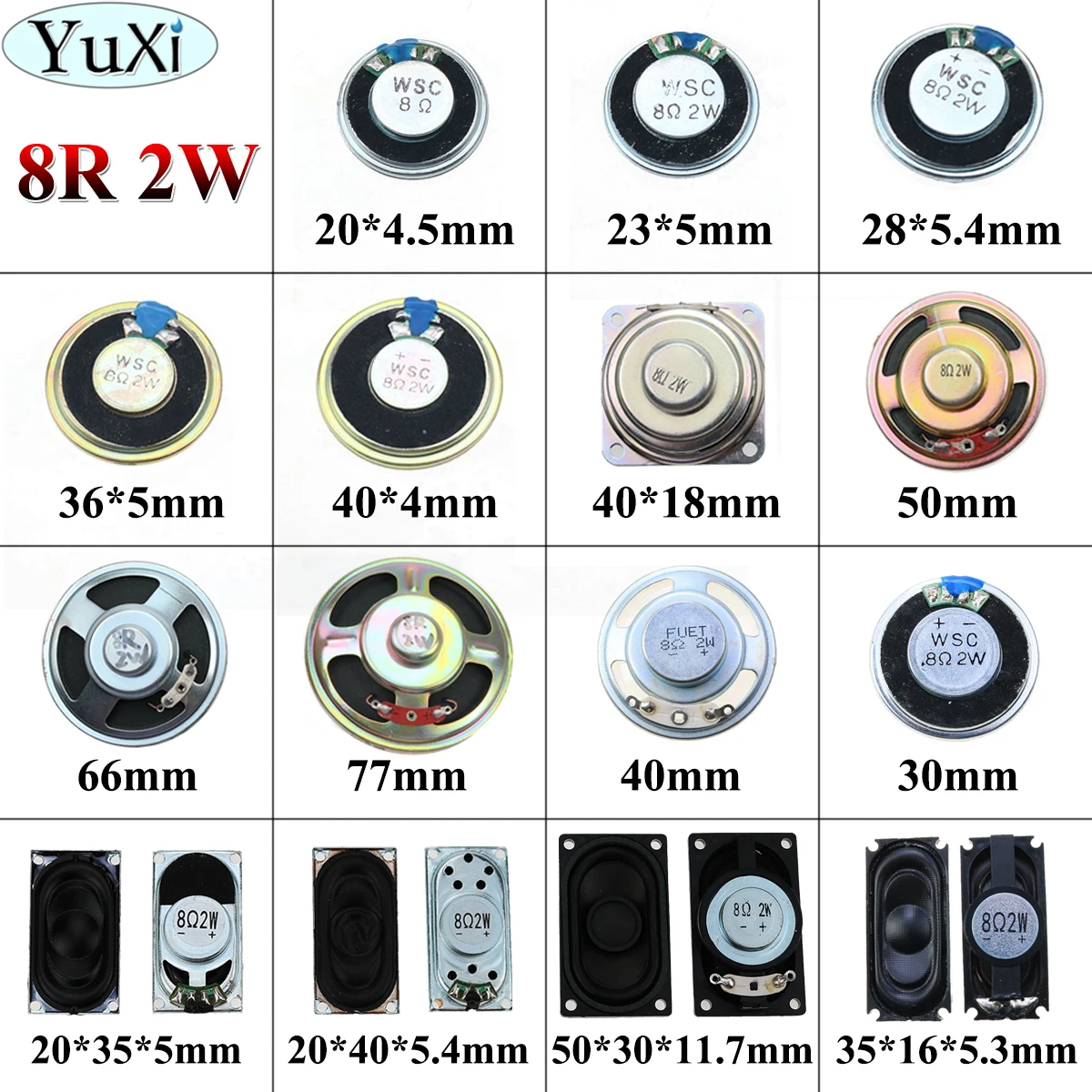 Yuxi 8 Ohm 2W 8R 2W 20Mm 22Mm 23Mm 26Mm 28Mm 32Mm 36Mm 40Mm Diametro 2035 2040 5030 3516 Monitor Lcd/Altoparlante Tv Altoparlante