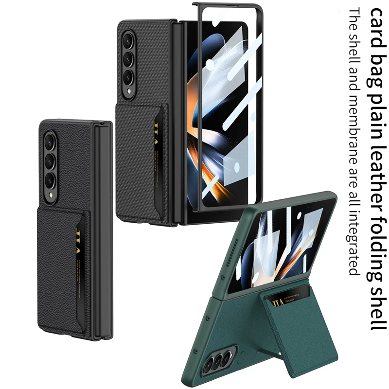 For Samsung Galaxy Z Fold 4 Case GKK Plain Leather + TPU Bracket Folding Cover With Card Slot Tempered Glass For Galaxy Z Fold4