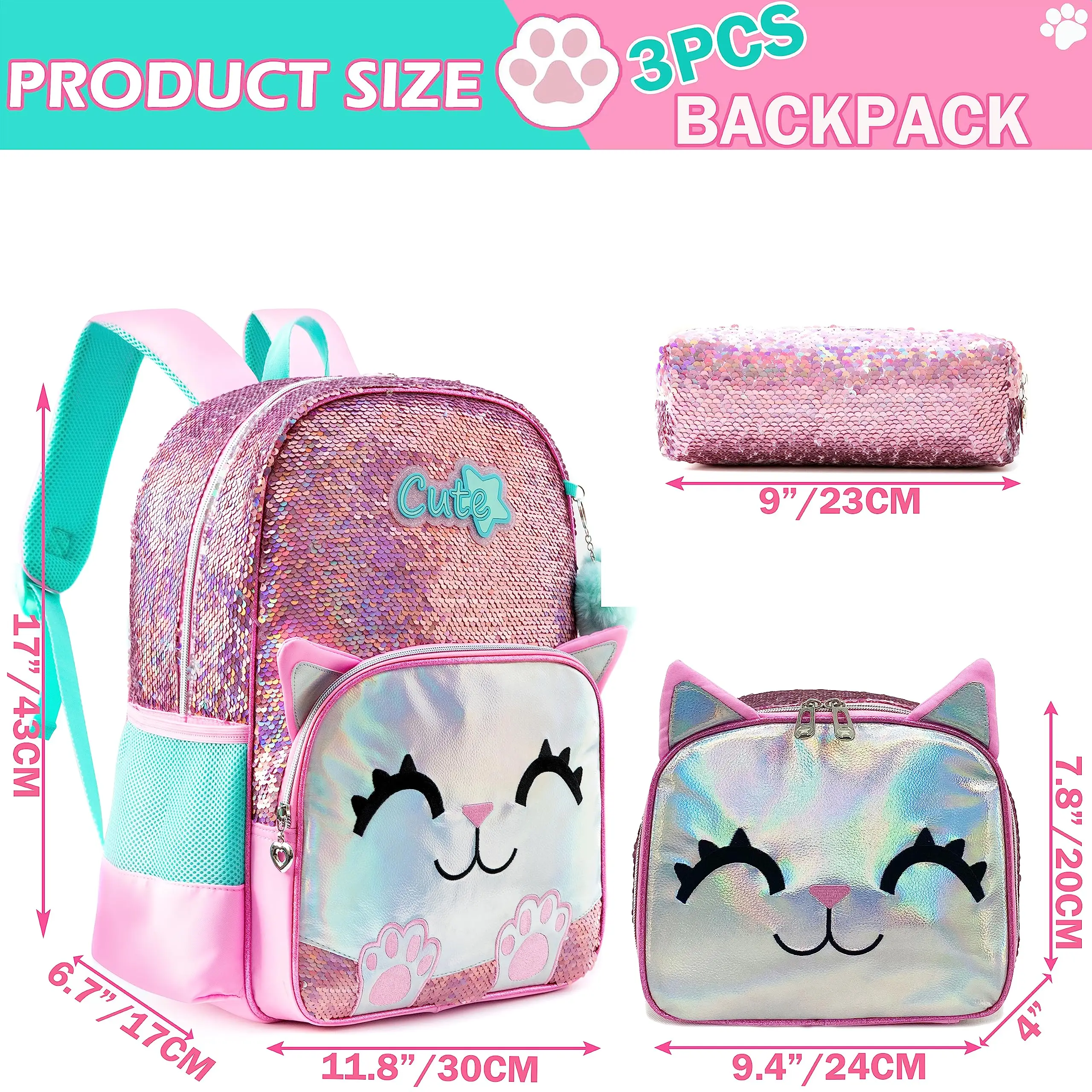 Hot Sale Sequin New Cartoon Animal Backpack 16'' Cat Printing Student Cartoon Cute Children's Schoolbag with Lunchbag and Penbag 3
