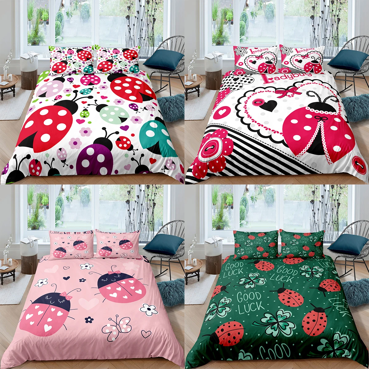 Home Textiles Luxury 3D Ladybug Duvet Cover Set Pillowcase Cartoon Kids Bedding AU/EU/UK/US Queen and King Size |