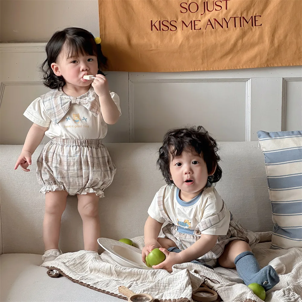 

Baby Clothing Summer Korean Style New Fashionable Casual Short-sleeved Two-piece Set Brother and Sister Suspenders Out Clothing