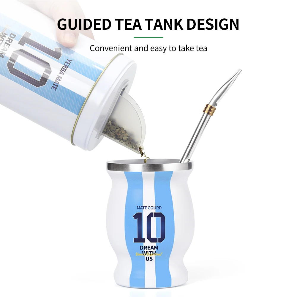 Yerba Mate Cup Set Included Argentina Football Captain No.10 Style Yerbero Stainless Steel Mate Gourd and Bombilla Straw