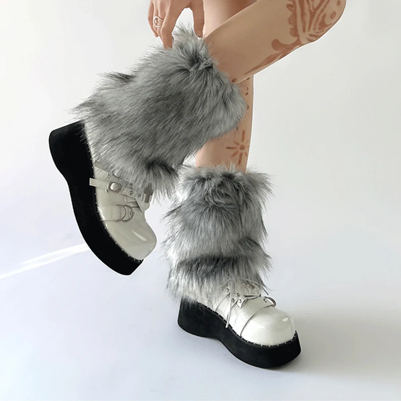 Novas meias de pele de lobo imitação cinza Y2k menina inverno quente JK botas peludas meias góticas punk JK comprimento do joelho hiphop_voghion.com