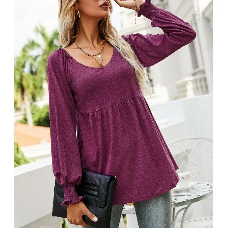 

2024 newWomens wear 2022 autumn and winter new v-neck bubble long-sleeved tunic t-shirt woman gray22