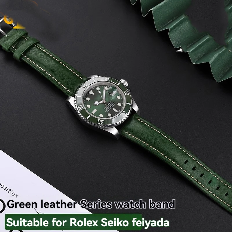 Elegant Green Leather Watch Strap with Butterfly Clasp - Soft Cowhide Band & Tool Included