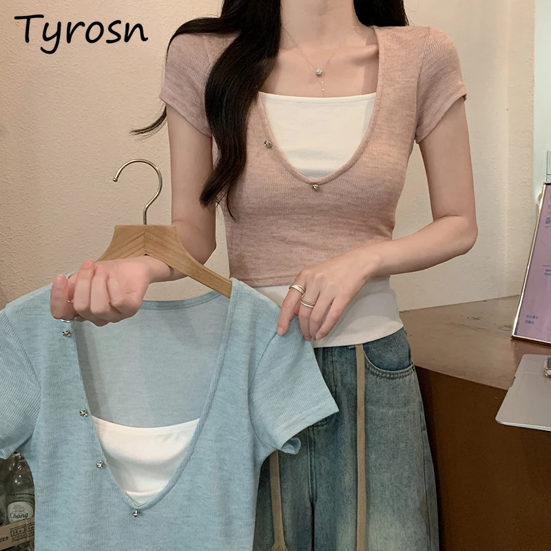 

Женские футболки с имитацией двух частей, простые вышитые клеверы, летняя нежная уличная одежда в стиле пэчворк, универсальные винтажные облегающие футболки в Корейском стиле