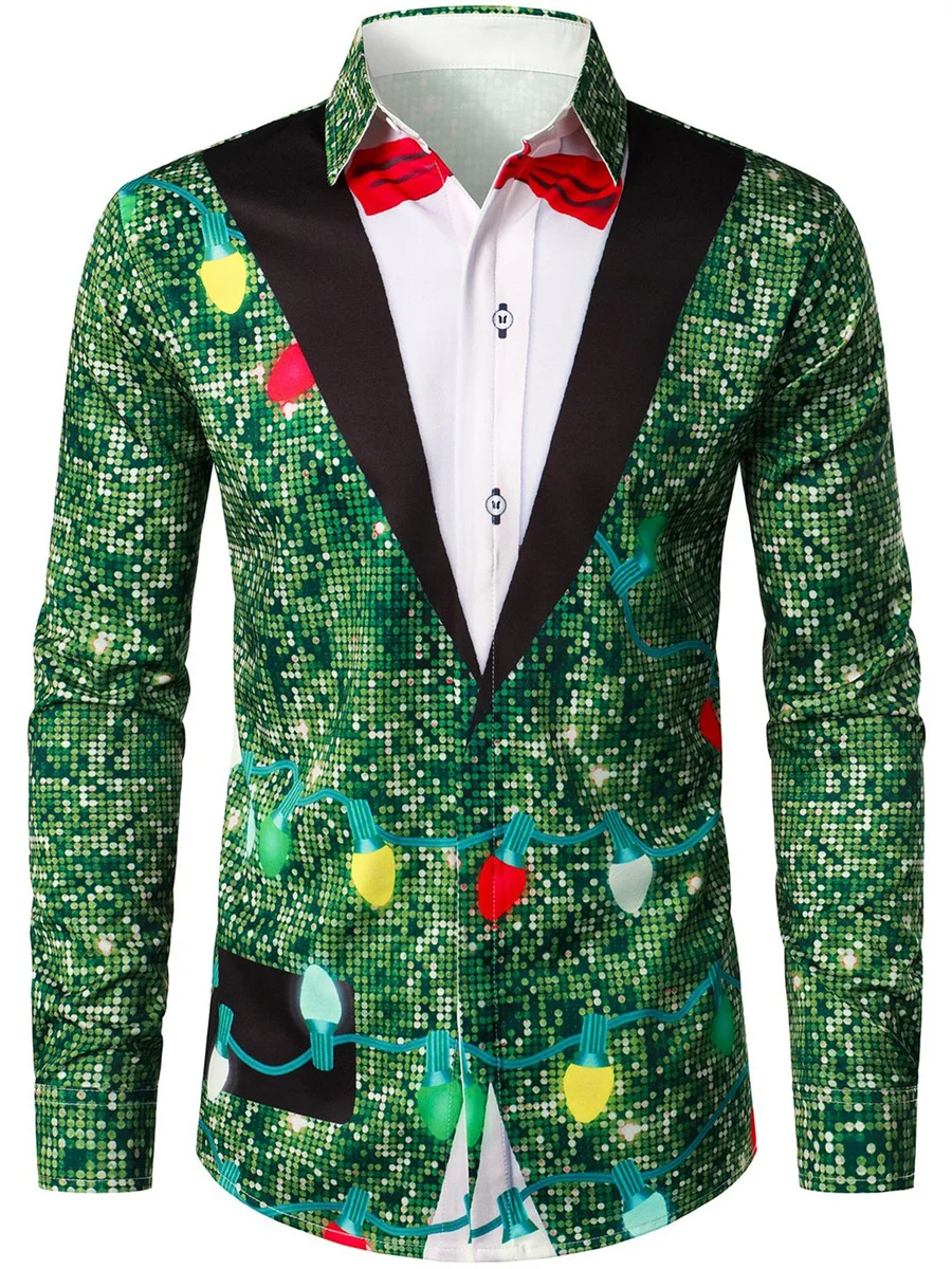 Autumn and Winter Christmas Shirt Long Sleeve Button Suit Lapel Hip Hop Funny Fashion Outdoor Party Men's Christmas Top