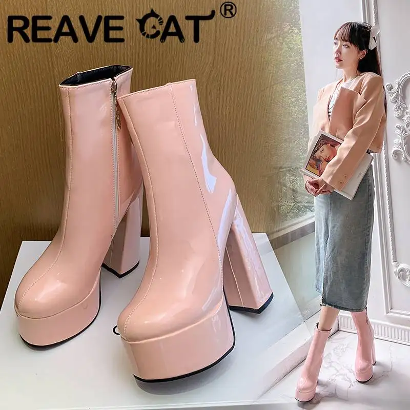 

REAVE CAT Womans Mid Calf Boots 14cm Round Toe Chunky High Heels 14.5cm Zipper Plus Size 43 Solid Elegant Party Winter Booties