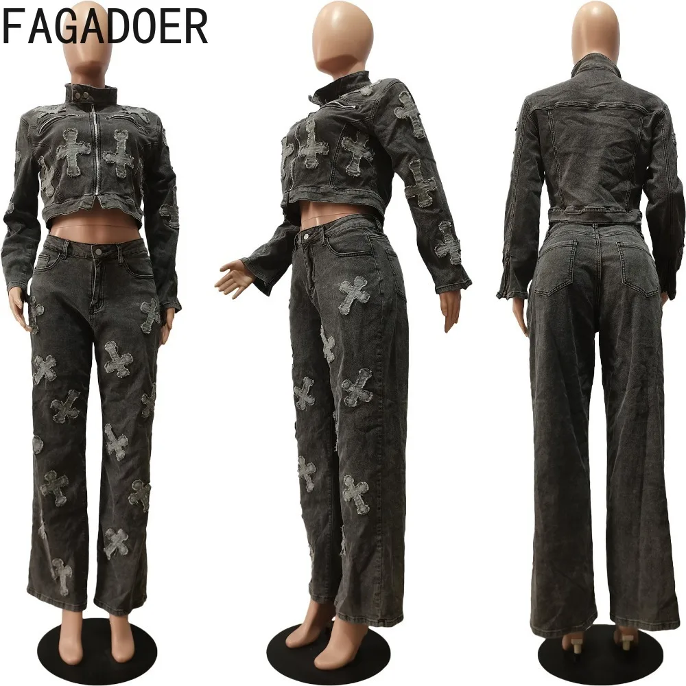 FAGADOER Fashion Y2K Streetwear Women Denim Printing Zipper Long Sleeve Top And Straight Jean Two Piece Sets Female 2pcs Outfits
