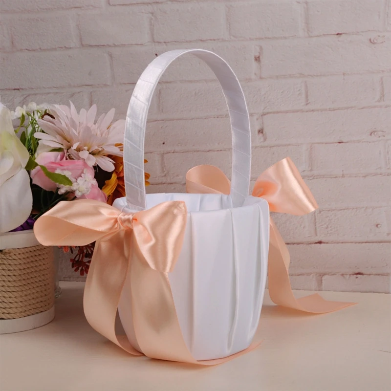 

Flower Basket for Wedding Ceremony Anniversary Cute Small White Satin Wrapped Flower Girl Baskets with Color Bows