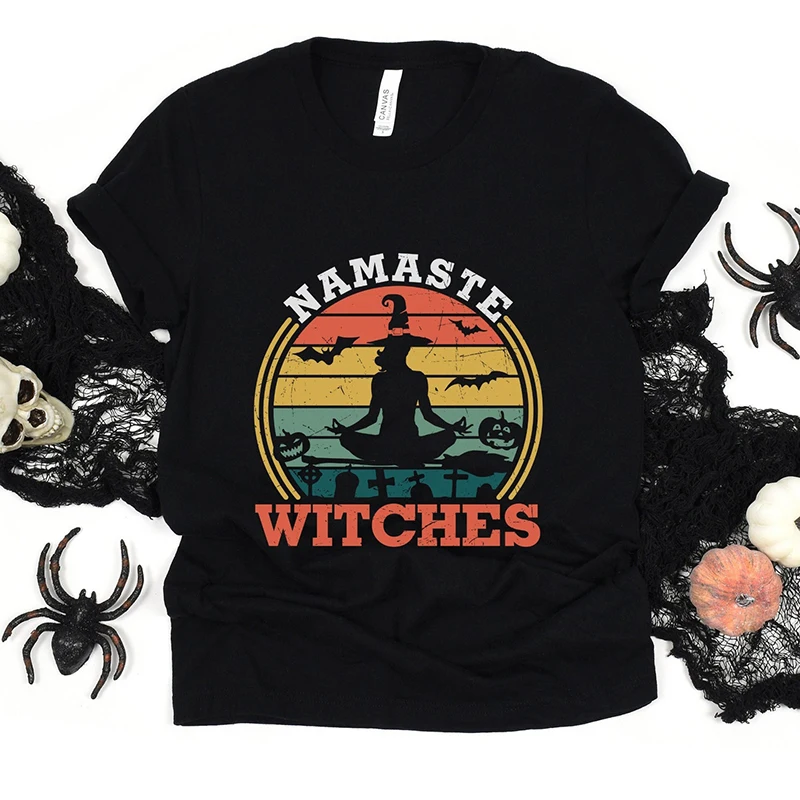 

Vintage Namaste Witches Women T Shirt Halloween Spooky Cool Goth Clothes Fall Thanksgiving Female Retro T-shirt 90s 00s Tops