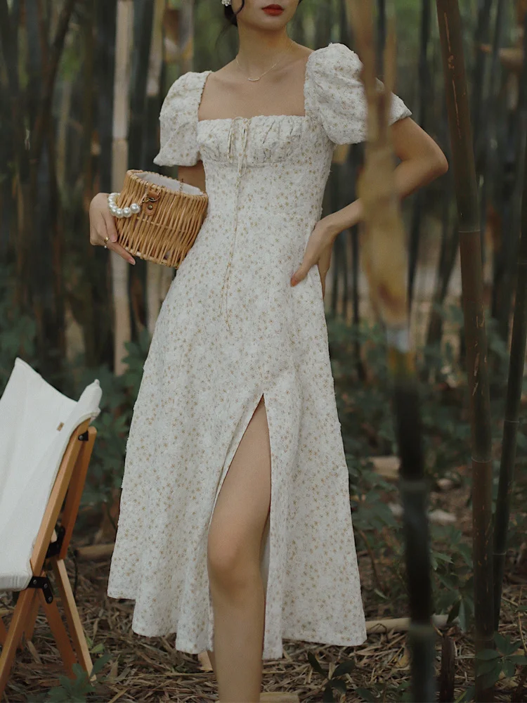 

Style Floral Fish Bone Bubble Sleeve Square Neck High Waist Slimming Dress