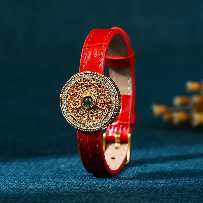 

Gold-plated six character mantra rotating eight treasures compass inlaid with natural leather watch bracelet and bracelet