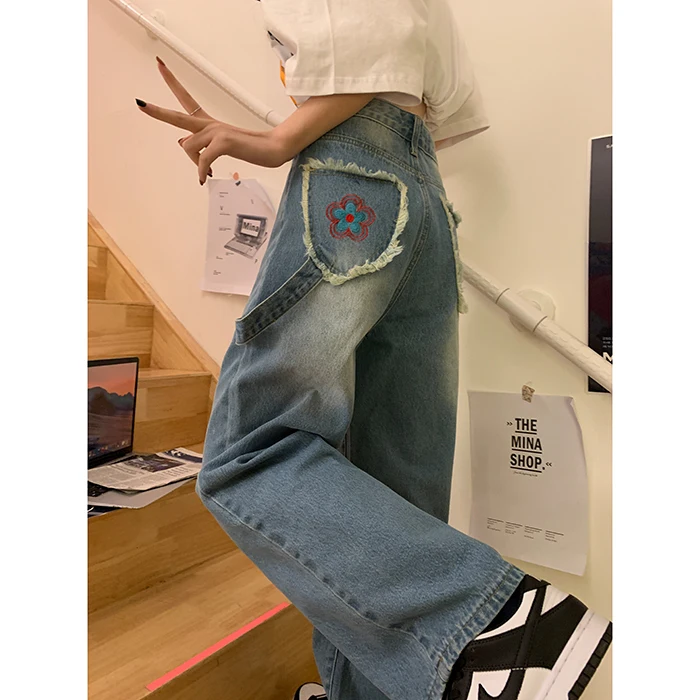 Vintage Baggy Blue Women's Jeans Straight Loose High Waist Trousers Flower Printing Streetwear Fashion Mom Denim Wide Leg Pants armani jeans