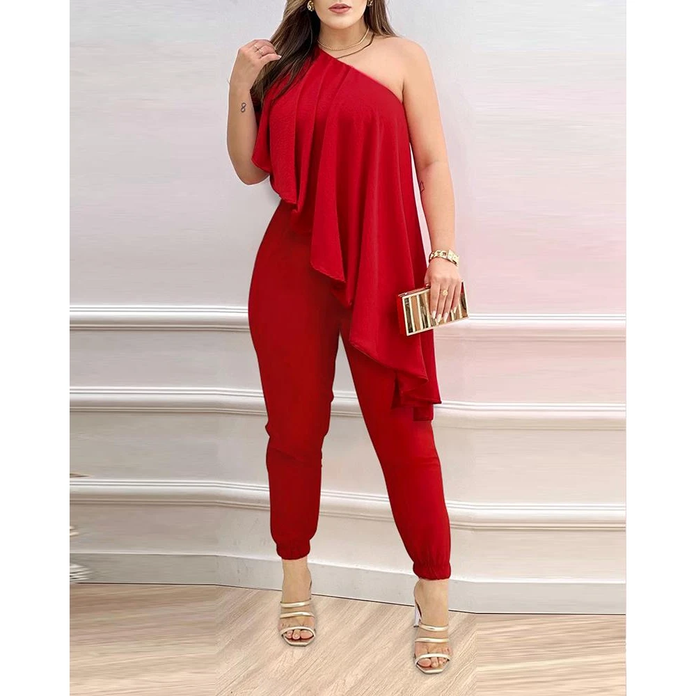 Women's Fashion Casual One-Shoulder Asymmetrical Ruffle Pleated Pencil Jumpsuits Femme Elegant Solid Color Jumpsuits for Working