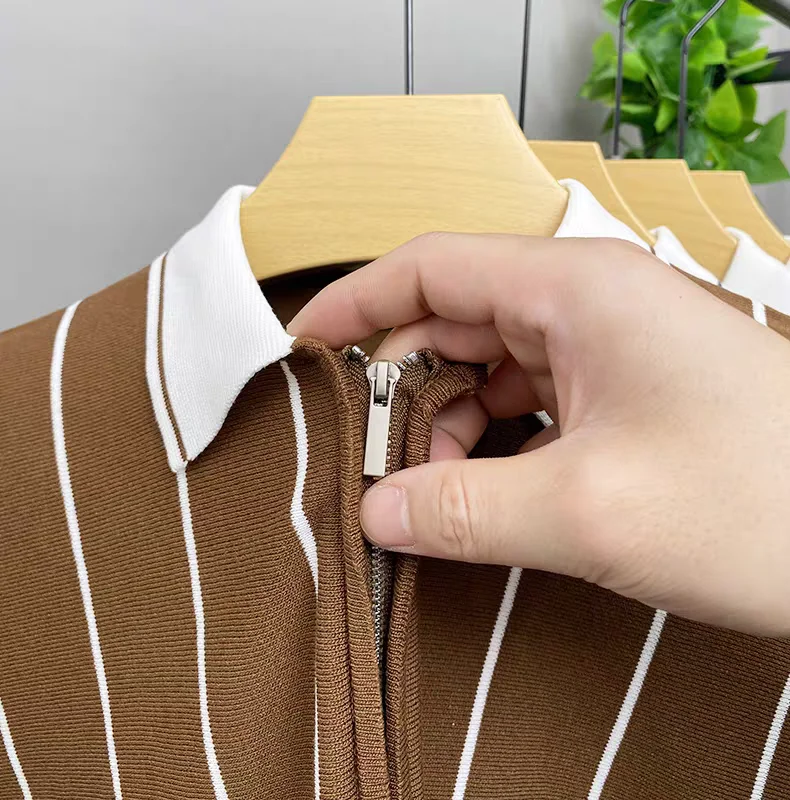 High quality summer knitted short sleeve polo shirt fashion half zipper lapel T-shirt vertical stripes comfort casual men's wear 13 S8f8f6cdd6025495f974cfea385e9d62eV