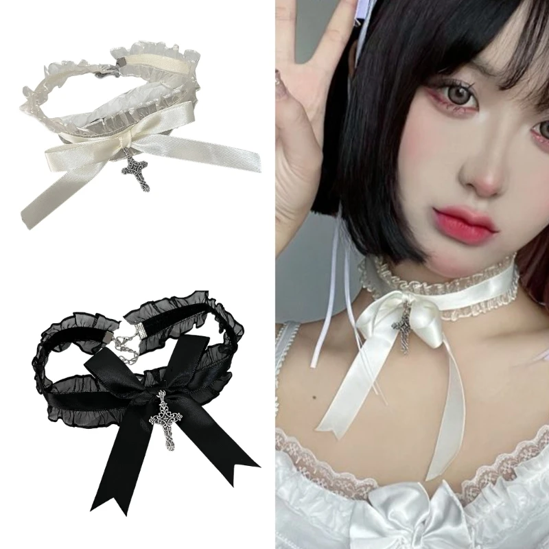 Choker Necklace Ruffle Lace Bowknot Crosses Charm Maid Sweet Collar Accessories