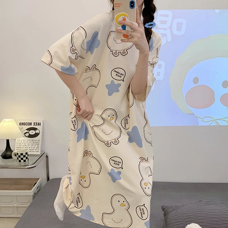 Princess Style Nightdress for Women Summer Cotton Tops Sleep shirts Girls Short Sleeve Cute Sweet Cartoon Loose Home Wear
