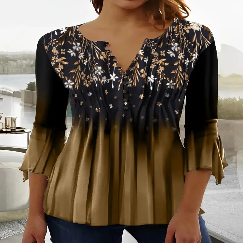 

Plus Size Women's 3/4 Sleeve V-neck Floral Printed Top