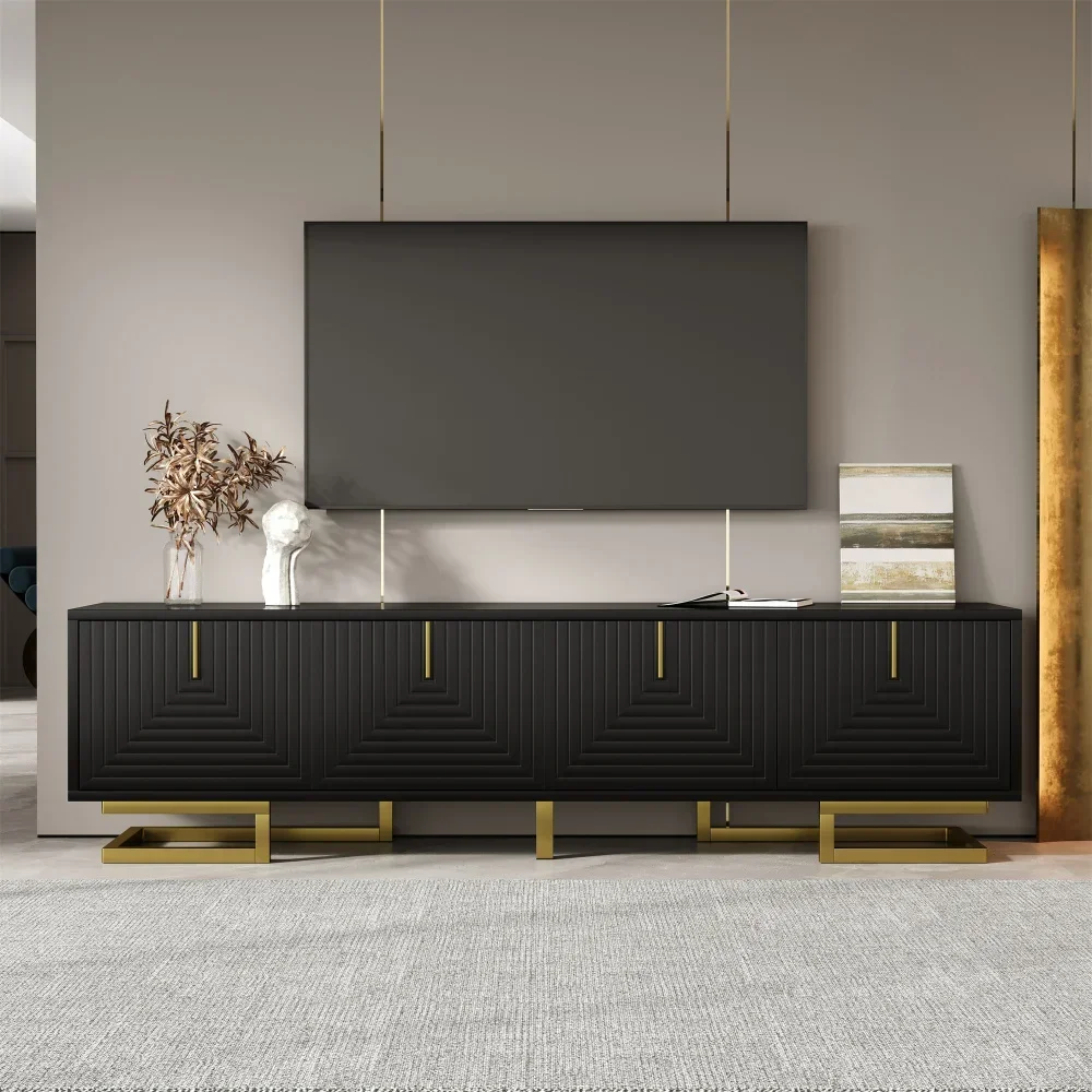 Moderner TV-Schrank mit strukturierten Türen – goldene Griffe und Beine, stilvolle TV-Möbel, bietet praktische Medienaufbewahrung – Detail 27