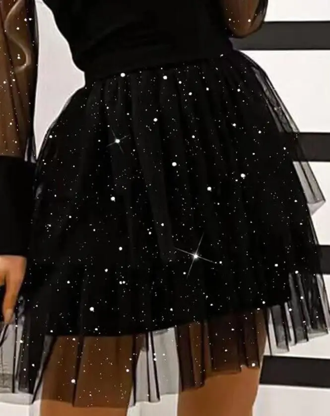 Womens Dresses 2024 Spring Fashion Glitter Print Long Sleeve Layered Sheer Mesh O-Neck Plain Button A Line Mini Party Dress - Image 3