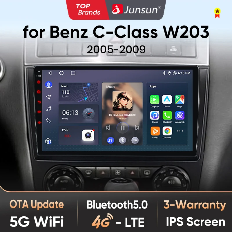 Junsun AI Wireless CarPlay for Apple Android Auto Car Radio For Mercedes Benz C Class W203 2005-2009 C230 Navi BT DSP RDS GPS FM