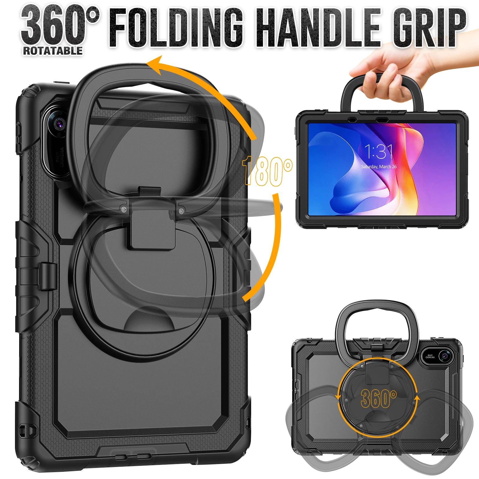 Durable 360° Rotating Kickstand Protective Case with Handle Grip and Shoulder Strap