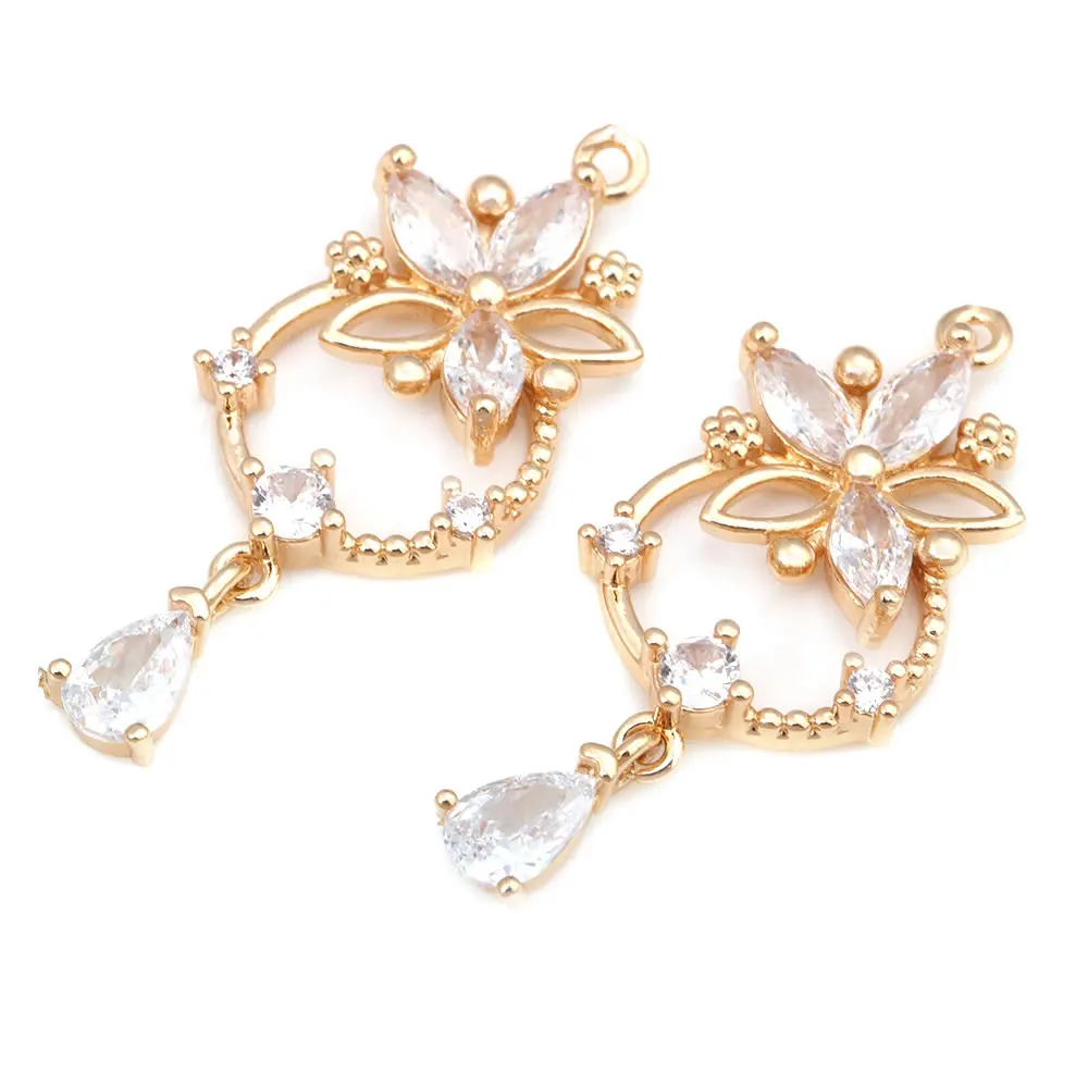 Aretes de Flores de Brasso Dorado 18K Zirconia de Diamante Falso Accesorios DIY de Alta Calidad - details 10