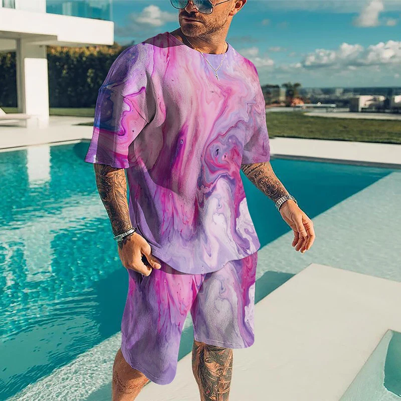 Summer Men's Short Sleeve Two Piece 3D Printed Harajuku T-Shirt Men's T-Shirt Shorts Set O-Neck Sportswear Streetwear