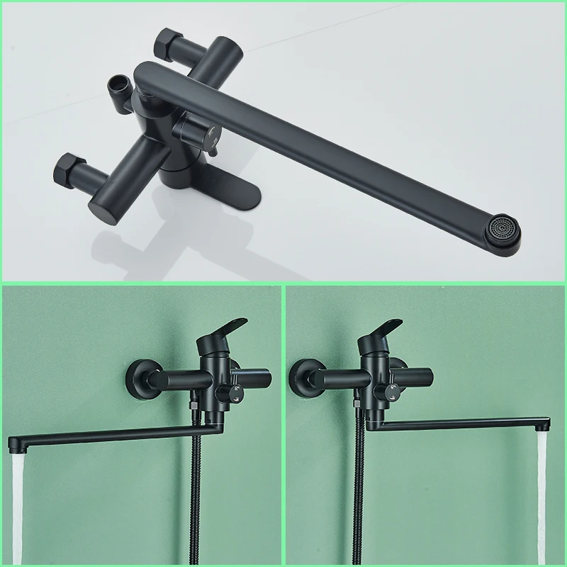 Long Spout Bathtub Shower Faucet Hot and Cold Water Mixer Swivel Tub Spout Wall Mounted Bath Tap  2-ways Water Outlet Crane 2