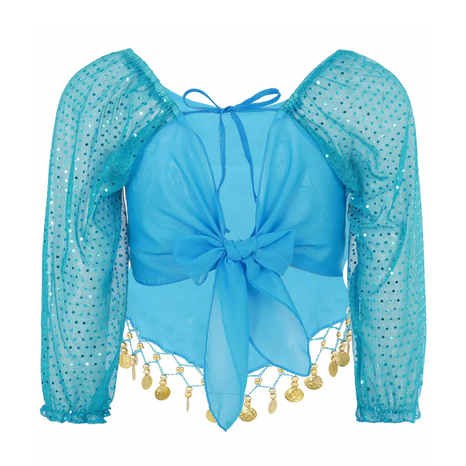 Crop Top Con Paillettes Per Danza Del Ventre - Manica Lunga, Chiffon, Orlo Irregolare - Foto 8