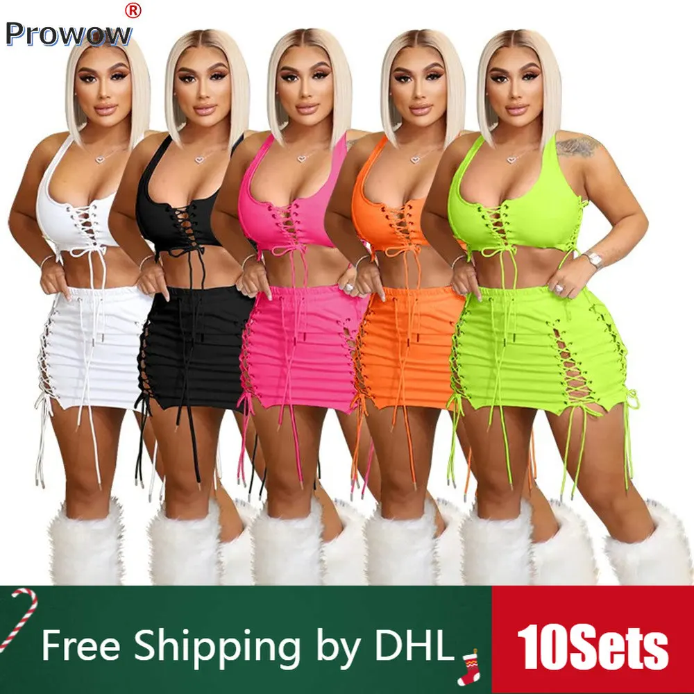 

10 Sets Bulk Women Dress Sets Hollow Out Ladies Two Piece Set Outfits Lace-up Tank Top Mini Split Skirt Nightclub Wholesale 9438