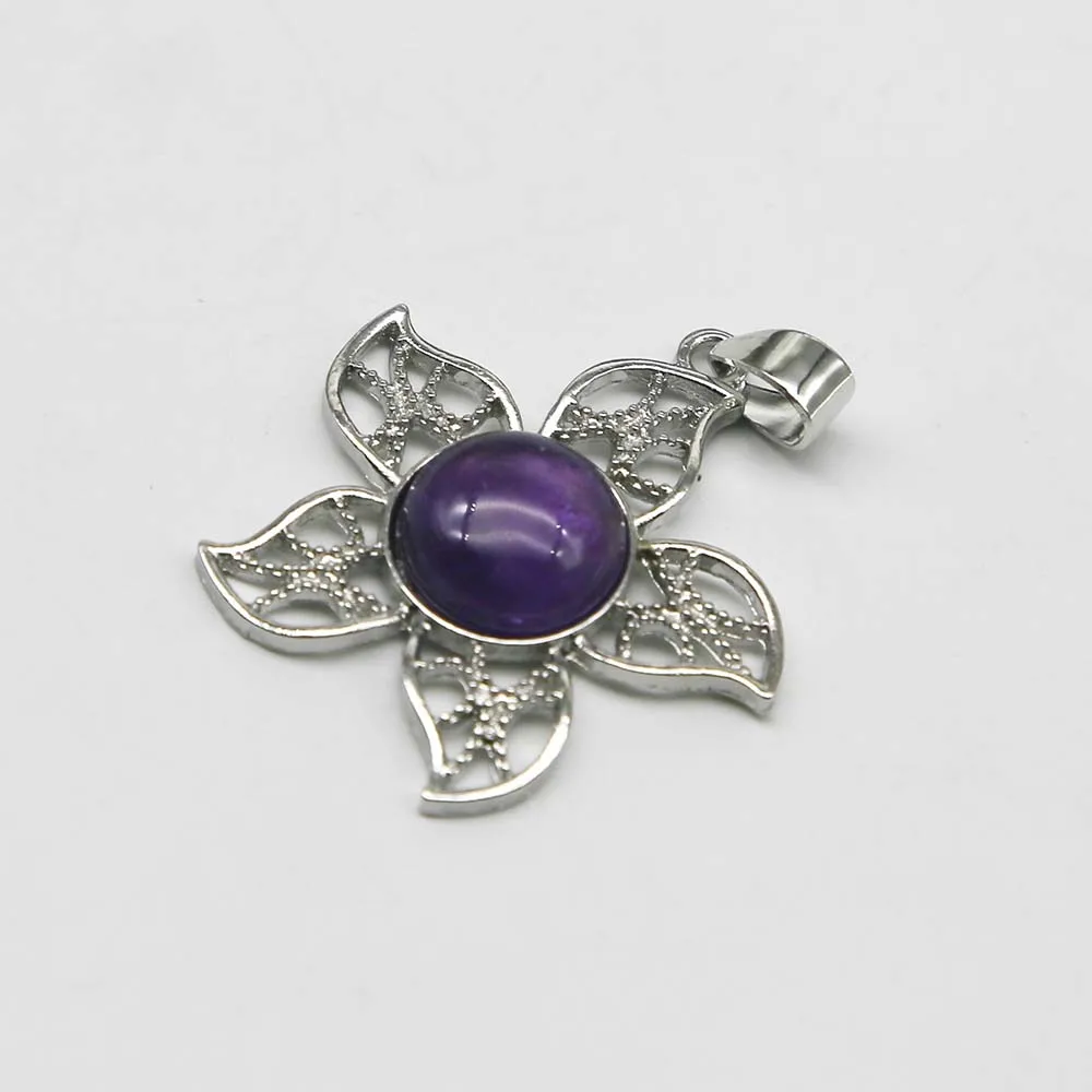 Quality Natural Stone Round Crystal Agate Alloy Hollow Petal Necklace Pendant Simple Fashion Jewelry Accessories Wholesale 12Pcs