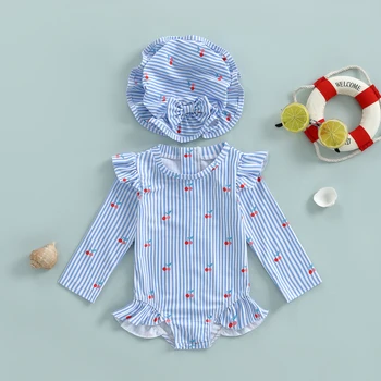 Costume da bagno a maniche lunghe per bambina e bambina, con cappello da sole, costume da bagno per neonato, costume da bagno per neonato, 2 pezzi 1