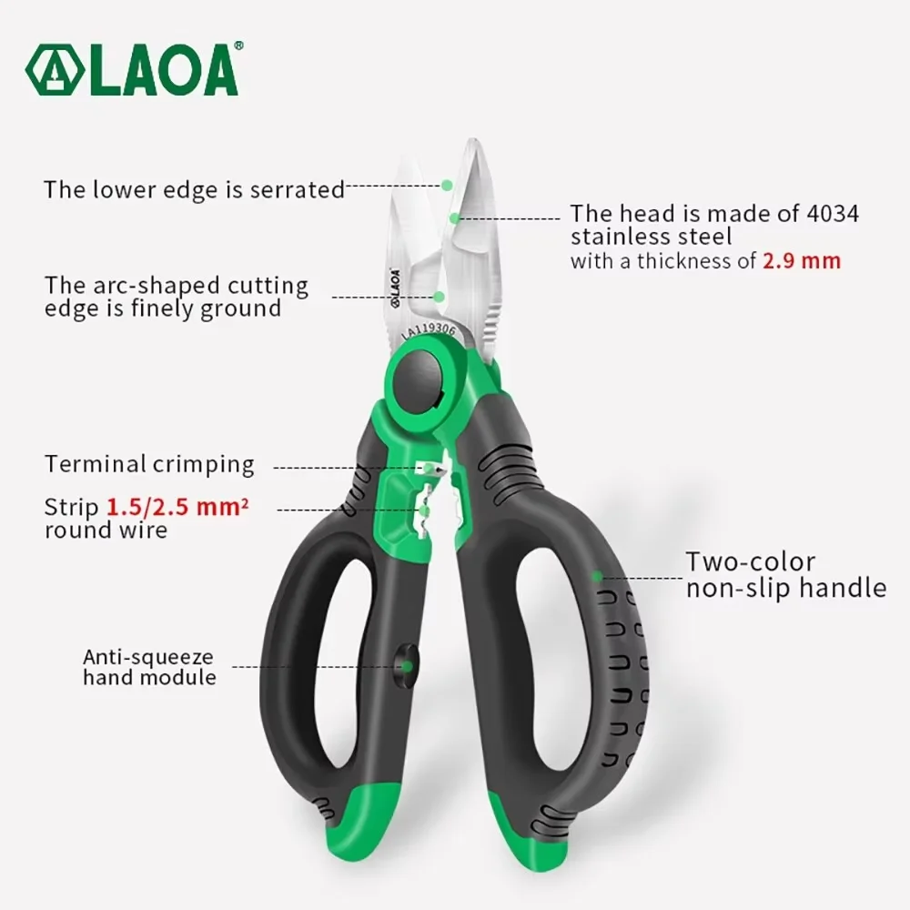 LAOA 6-Inch Multi-Purpose Stainless Steel Electrician's Scissors with Non-Slip Grips with Wire Stripping and Crimp Function 3
