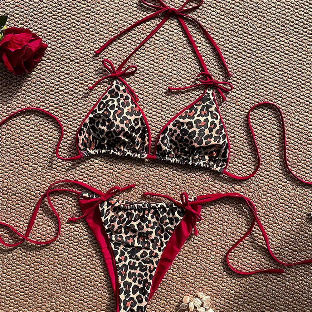 Red Leopard Bikinis Sets Bowknot Triangle String Backless Swimsuit Push Up Halter Extrem Swimwear Thong Women Beach Bathing Suit