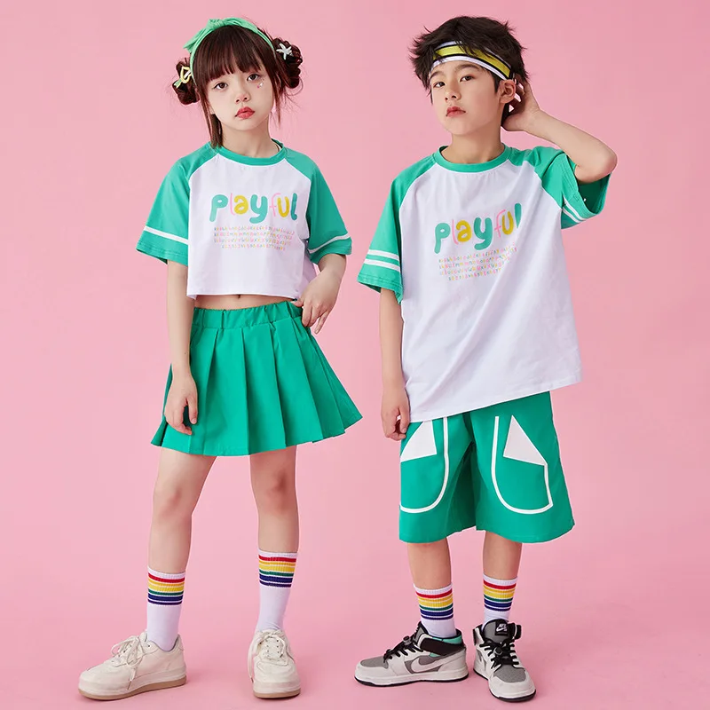 

Kids Boys Girls Summer Short Sleeve T-shirt Shorts Kindergarten Teen Cheerleading T Shirt Skirts Dance Sets Children Tracksuits