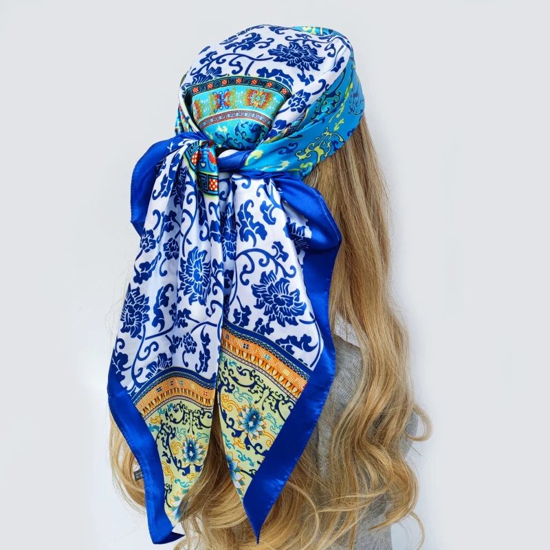 FashionSquareSilkScarfWomenHeadband9090cmPrintNeckScarfs