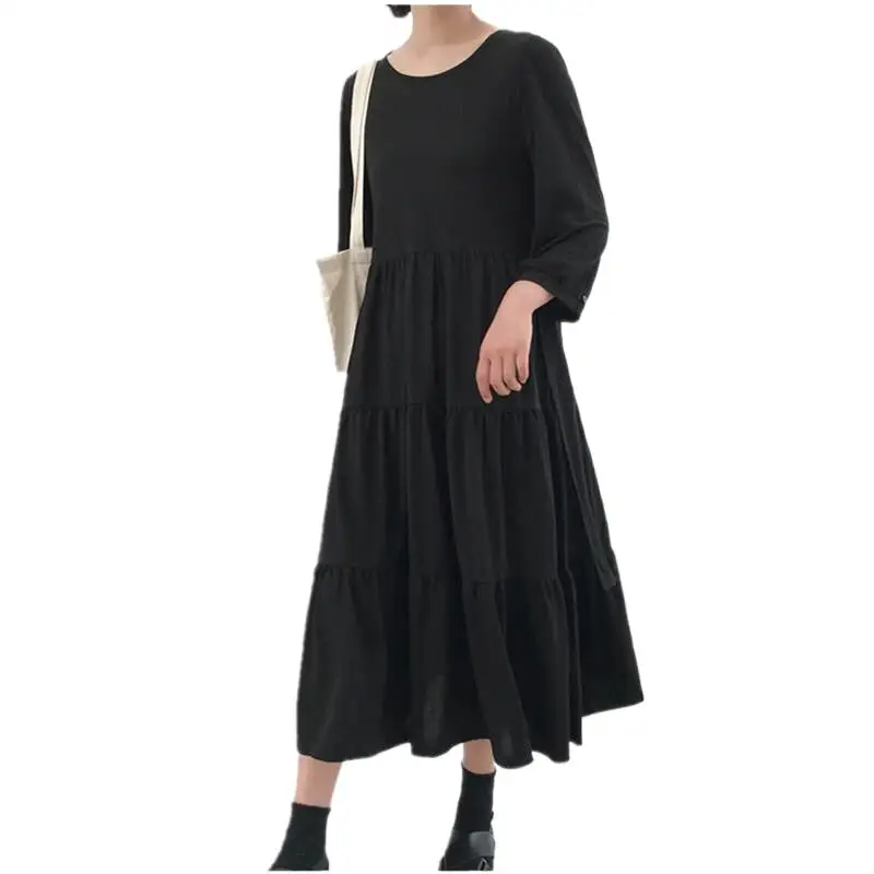 

2024 Spring Women Casual Loose long cotton Dress Pure Vintage Autunm Three Quarter Sleeve Dress Sexy Round Neck Long Dress
