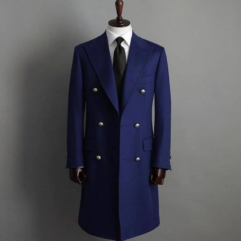 SILIWEYA Fashion One Piece Man Blazer Long Coat Men Suits Double Bteasted Peaked Lapel Chic Overcoat Groom Casual Tailored 2