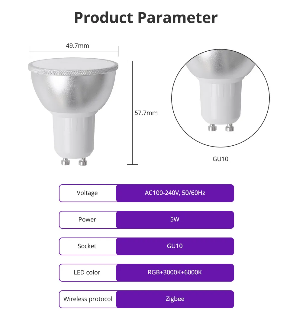 Benexamrt Zigbee GU10 LED Light Bulb RGBCW Dimmable Spotlighting Alexa Siri Voic