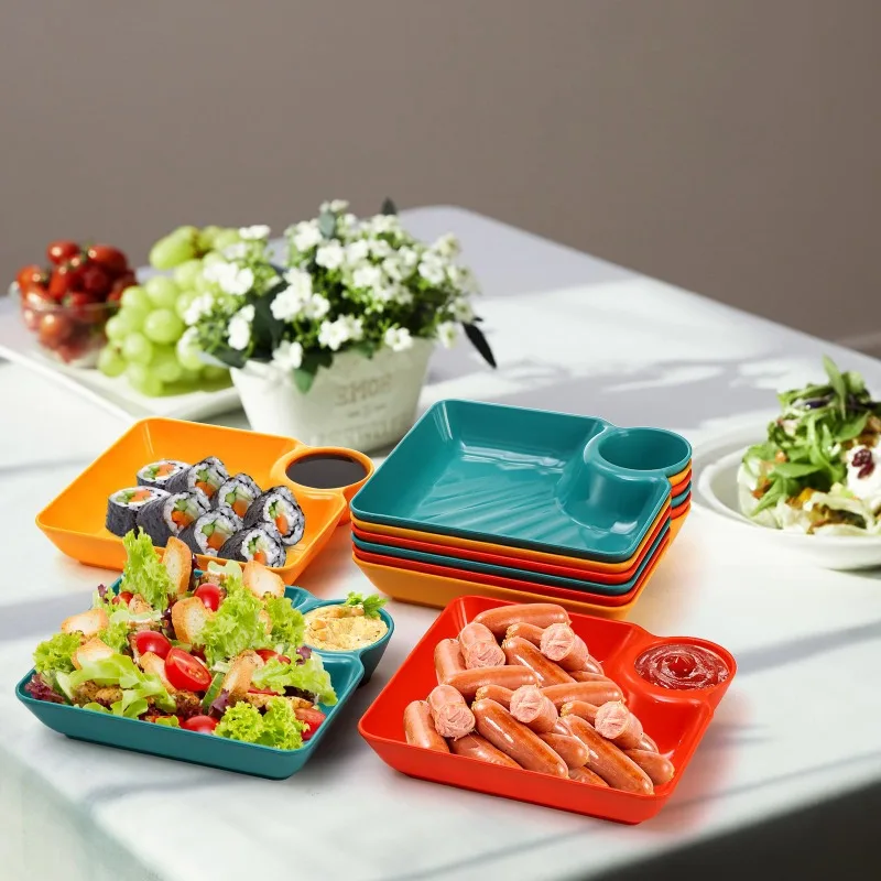 Chip Dip Serving Platter Set Plastic Dumpling Plates with Sauce Compartment Square Serving Dish Plates Small Dip Tray Appetizer