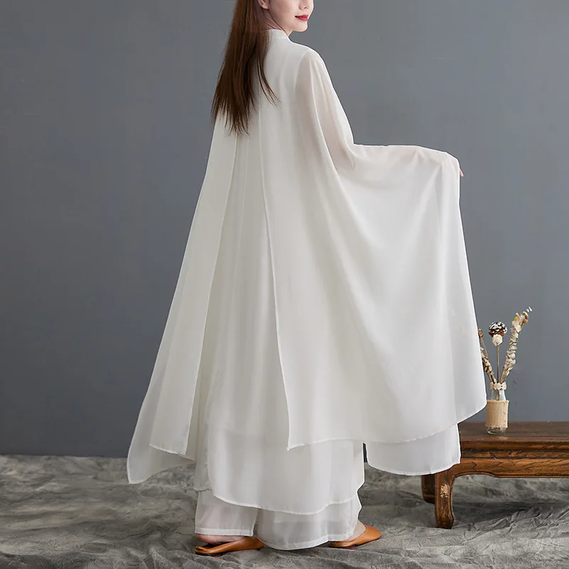 Ethnic Style Retro Tea Clothes Women Spring Autumn Fairy Zen Dance Clothes White Yoga Tai Chi Dress Two-piece Suit
