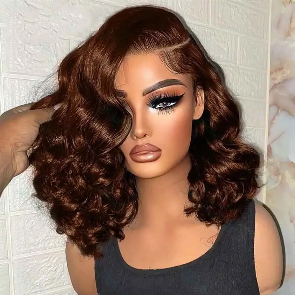 Perruque Bob à Ondes Naturelles en Cheveux Humains Brésiliens, Couleur Chocolat Brun, Taille 4 #   Perruques courtes de type bob en cheveux humains tissés en couleur, avec dentelle frontale 13x4