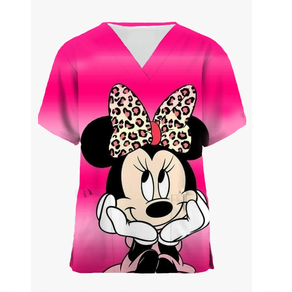 Blusas médicas con estampado de Mickey Mouse de Disney para mujer, blusas de manga corta con cuello en V, uniforme de enfermera, blusa de trabajo con estampado de dibujos animados, uniforme de mujer