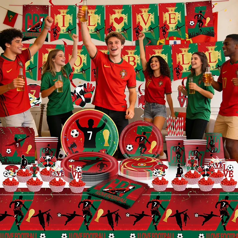 Fußball-Geburtstagsparty-Dekoration CR7 Teller-Becher-Set Jungen-Geschenke Fußballfans Foto-Requisiten Hintergrund Ballon Tortendekoration Geschenktüte