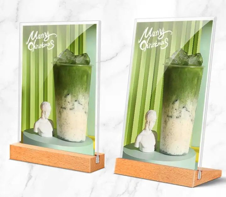 Description Picture 2 of itemAcrylic Sign Holder With Wooden Base T Shape Table Menu Display Stand Clear AD Poster Photo Frame Price Card Holder Rack