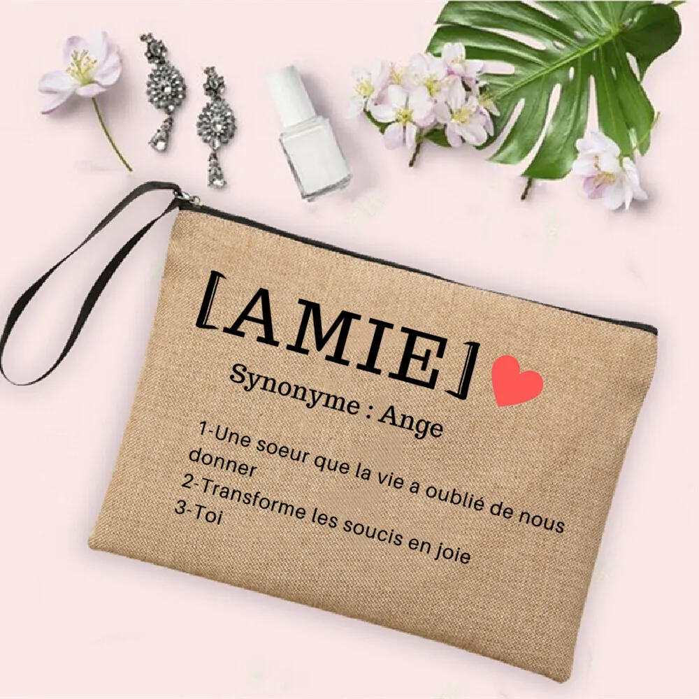 Women Cosmetic Bag Neceser Makeup Bags Maman Tata Soeur Amie Definition Print Linen Zipper Pouch Travel Toiletry Organizer Gifts 5